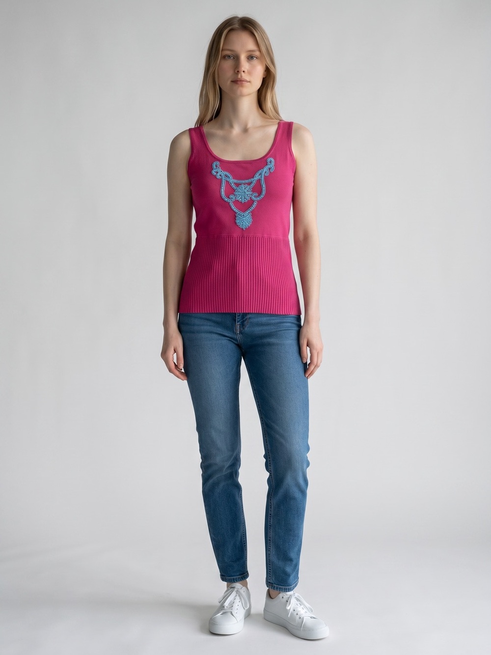 Tracy M. Vintage Y2K Hot Pink Sleeveless Knit Tank with Turquoise Embroidery M